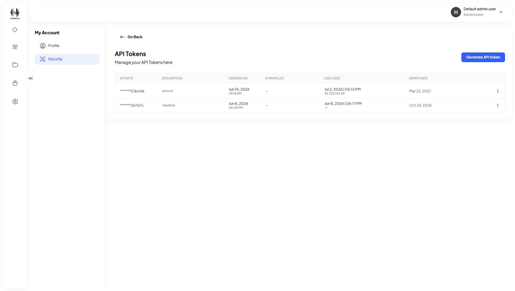 The API Tokens page